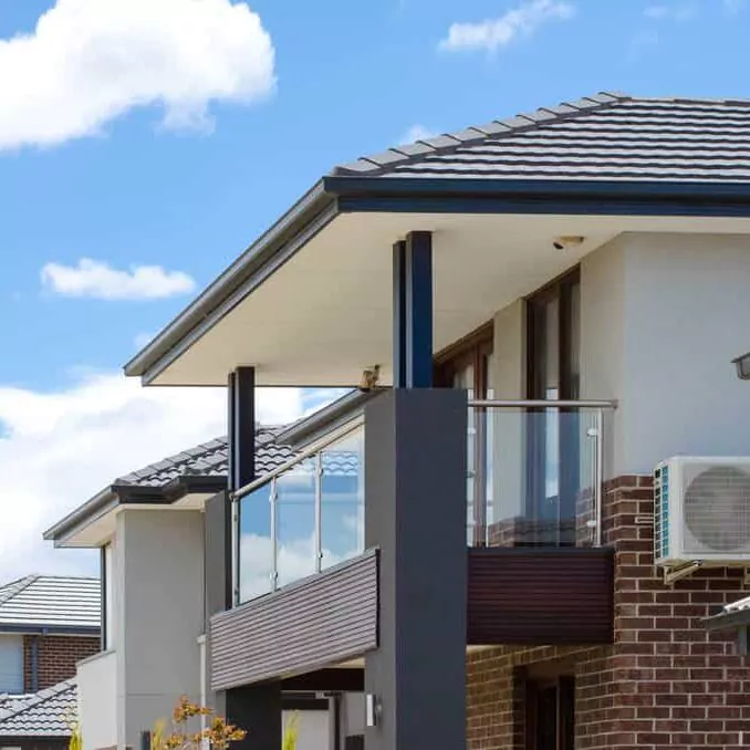 The balcony of a modern two-story residential house or Australian home in a suburb. Concept of real estate development, the housing market, or residence. Melbourne, VIC Australia.